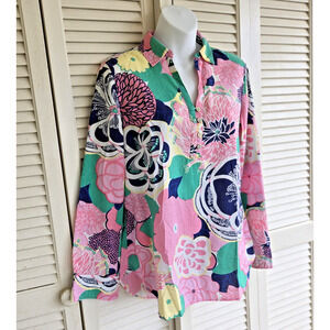 Talbots Colorful Floral Print Blouse Long Sleeve Popover 100% Cotton Size Small